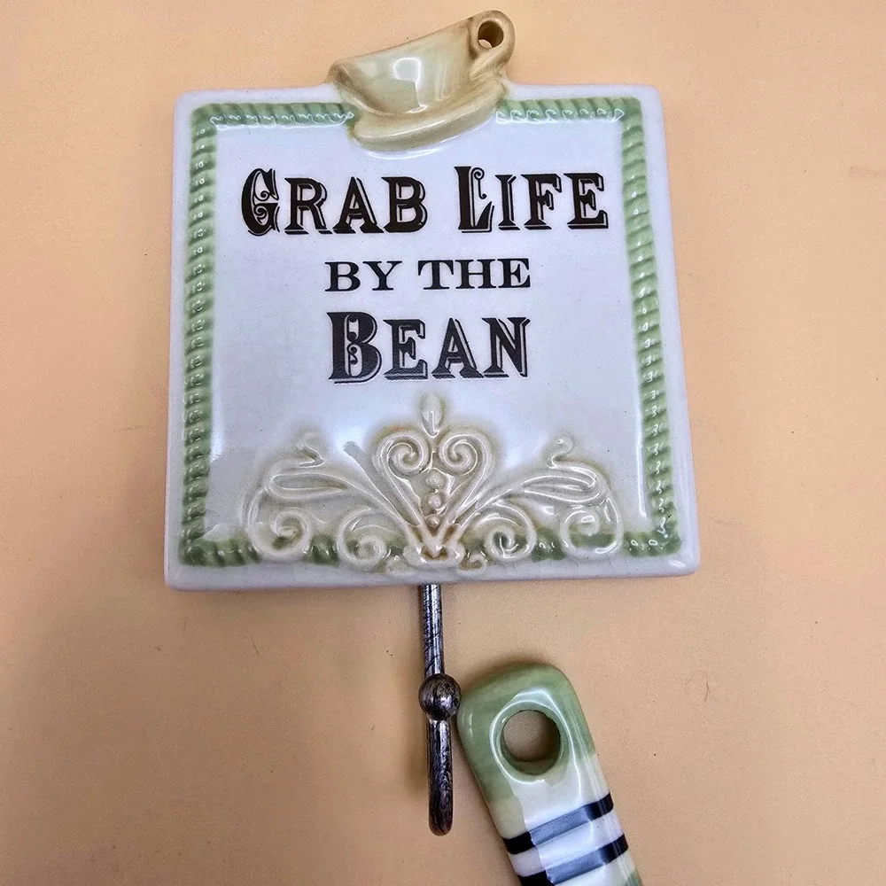 Ceramic Coffee Scoop and Wall‎ Hook Set Grab Life By The Bean Sage Green Cream